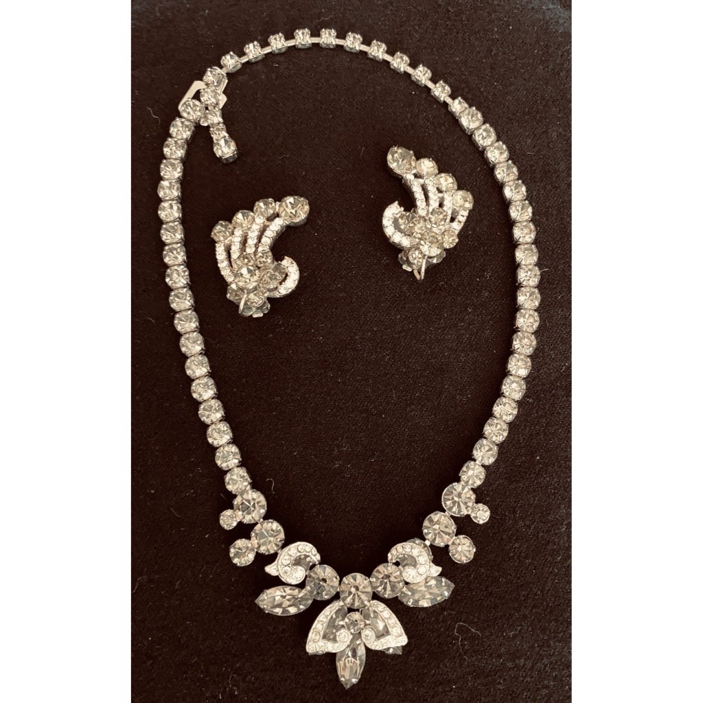 Necklace & Earrings. Rare Vtg Weiss Estate Set Brilliant Round Smoky Rhinestone